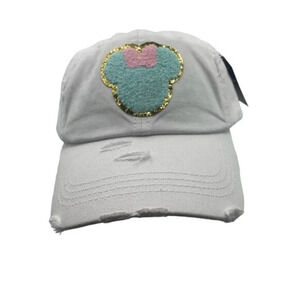 NWT White Cotton Ball Cap Dad Hat Ponytail Hat Magic Mouse Chenille Patch Blue